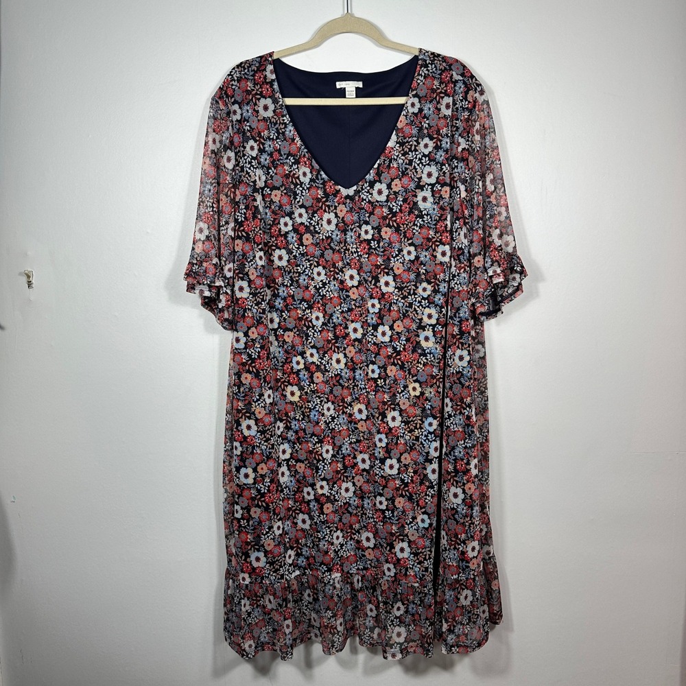 Est 1946 Floral Mesh Dress Womens 26/28W Blue Excellent Flutter Sleeve Ruffle